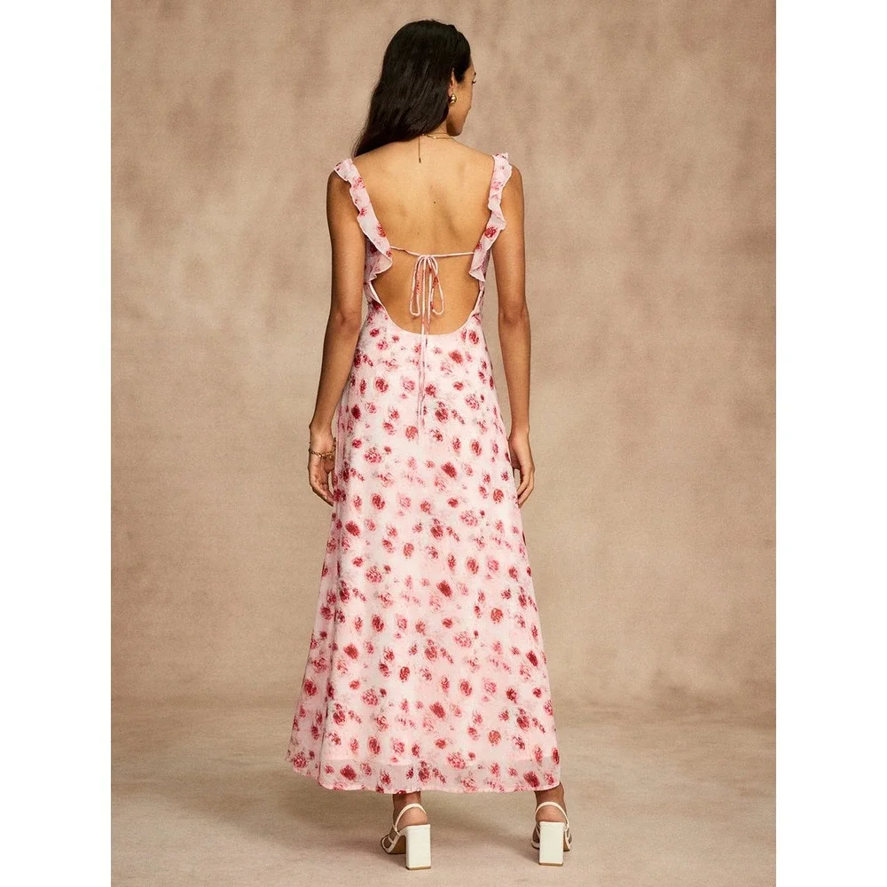 Commense Floral Maxi Dress Open Back Ruffle Tie Cottagecore‎ size XL/12US - Picture 6 of 6